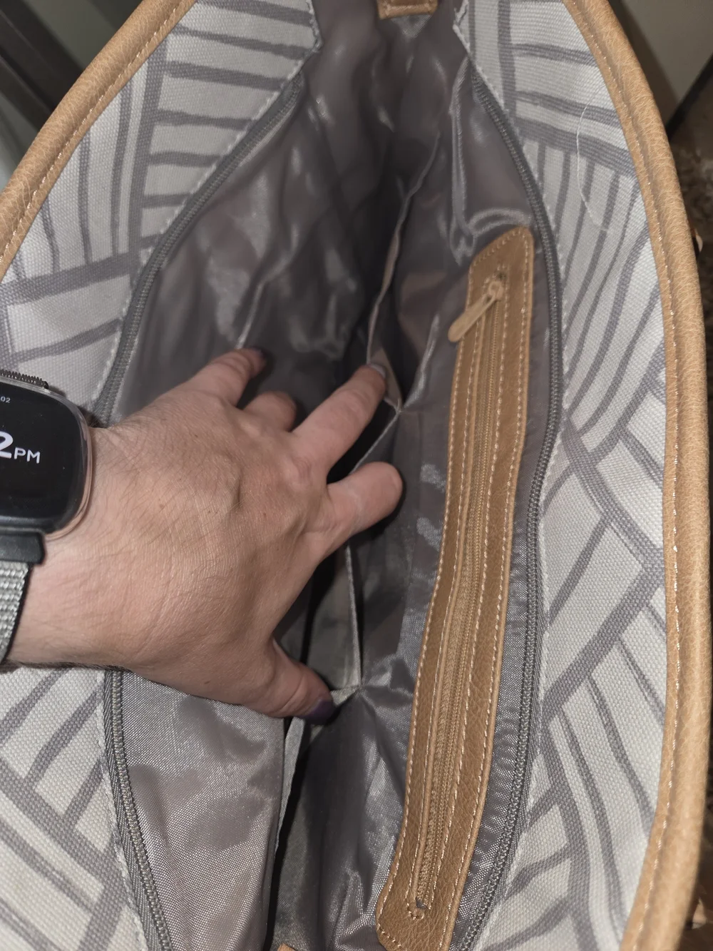 Gray Patterned Tote with Tan Trim